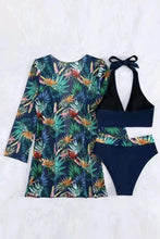 Load image into Gallery viewer, Black 3pcs Tropical Contrast Trim Halter Bikini Set with Cover up