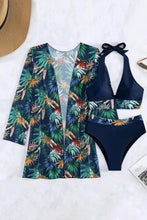 Load image into Gallery viewer, Black 3pcs Tropical Contrast Trim Halter Bikini Set with Cover up