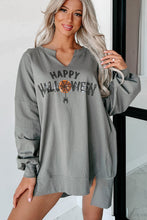 Load image into Gallery viewer, Medium Grey Sequin Happy Halloween Graphic Notched Neck Long Sleeve Loose Top