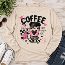 Load image into Gallery viewer, Coffee My Love Language graphic long sleeve crew neck tee with pink and leopard print coffee design