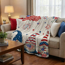 Load image into Gallery viewer, Patriotic gnome blanket 130x150 cm flannel throw in red white and blue America 250 design cozy USA themed blanket