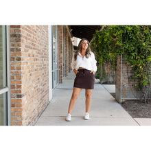 Load image into Gallery viewer, Julia Rose Bridget Brown Jogger Skirt women’s boutique midi skirt front view, Woman wearing Julia Rose Bridget jogger style brown skirt