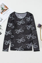 Load image into Gallery viewer, Black Bow Print Long Sleeve Mesh Top