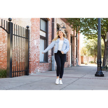 Load image into Gallery viewer, High-waisted black ankle length leggings with pockets by Julia Rose, Julia Rose women’s black 7/8 leggings lifestyle image
