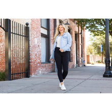 Load image into Gallery viewer, High-waisted black ankle length leggings with pockets by Julia Rose, Julia Rose women’s black 7/8 leggings lifestyle image