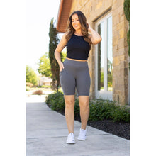 Load image into Gallery viewer, Julia Rose The Christy charcoal 7-inch biker shorts, Women wearing charcoal biker shorts high waisted