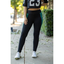 Load image into Gallery viewer, Julia Rose Gracie Green Panel Full Length Leggings women’s boutique leggings front view, Woman wearing Julia Rose Gracie leggings with green panel detail