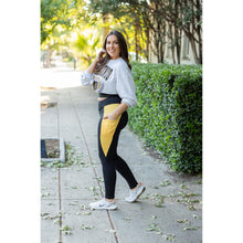Load image into Gallery viewer, Julia Rose Yasmine Yellow Panel Full Length Leggings women’s boutique leggings front view, Woman wearing Julia Rose Yasmine leggings with yellow panel detail