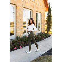 Load image into Gallery viewer, Julia Rose The Oakley olive green full-length leggings with pockets, Women wearing olive green pocket leggings