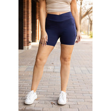 Load image into Gallery viewer, Julia Rose The Abby navy crossover 5-inch biker shorts high-waisted women’s shorts
