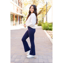 Load image into Gallery viewer, Full length navy bootcut leggings with side pocketsFlattering women’s bootcut leggings in navy blue by Julia Rose