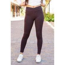 Load image into Gallery viewer, High waist brown crossover leggings for women. Buttery soft brown leggings with flattering waistband