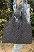 Load image into Gallery viewer, Gray checkered tote bag perfect to carry all your essentials. Folds up for easy storage.