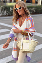Load image into Gallery viewer, Beige Striped Long Sleeve Ribbed Trim Button Cardigan