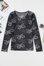 Load image into Gallery viewer, Black Bow Print Long Sleeve Mesh Top