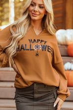 Load image into Gallery viewer, Chestnut Sequin Happy Halloween Graphic Notched Neck Long Sleeve Loose Top