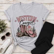 Load image into Gallery viewer, Western Cowgirl graphic V-neck tee featuring pink cowboy boots, hat and western desert design