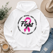 Load image into Gallery viewer, Julia Rose Breast Cancer Awareness Fight apparel with a pink ribbon, available in pink or white crewneck, V-neck, long-sleeve shirt, and hoodie.