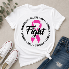 Load image into Gallery viewer, Julia Rose Breast Cancer Awareness Fight apparel with a pink ribbon, available in pink or white crewneck, V-neck, long-sleeve shirt, and hoodie.