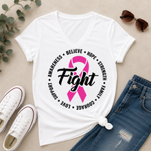 Load image into Gallery viewer, Julia Rose Breast Cancer Awareness Fight apparel with a pink ribbon, available in pink or white crewneck, V-neck, long-sleeve shirt, and hoodie.