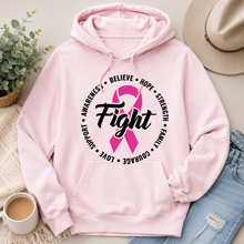 Load image into Gallery viewer, Julia Rose Breast Cancer Awareness Fight apparel with a pink ribbon, available in pink or white crewneck, V-neck, long-sleeve shirt, and hoodie.