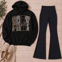 Load image into Gallery viewer, Julia Rose JUST PRAY apparel featuring leopard print, checkerboard and dotted lettering with gold-toned details.