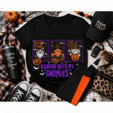 Load image into Gallery viewer, Julia Rose Hanging With My Gnomies apparel featuring three Halloween gnomes, pumpkins, bats and purple lettering.