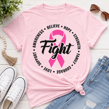 Load image into Gallery viewer, Julia Rose Breast Cancer Awareness Fight apparel with a pink ribbon, available in pink or white crewneck, V-neck, long-sleeve shirt, and hoodie.