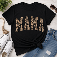 Load image into Gallery viewer, Julia Rose Mama Leopard apparel featuring a leopard-print MAMA graphic, available as a crewneck, V-neck, long-sleeve T-shirt and hoodie.