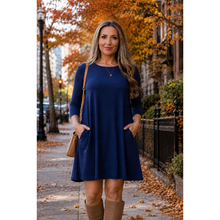 Load image into Gallery viewer, Ready to Ship | The Alyssa - Navy Swing Dress with 3/4 Sleeves