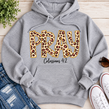 Load image into Gallery viewer, PRAY Colossians 4:2 leopard print Christian graphic shirt available in short sleeve crewneck, V-neck, long sleeve and hoodie styles.