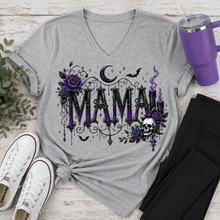 Load image into Gallery viewer, Gray Gothic Mama V-neck graphic tee with purple roses, skull, crescent moon, bats and candles