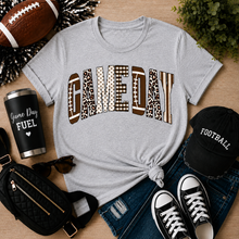 Load image into Gallery viewer, Julia Rose Game Day apparel featuring a football-inspired GAMEDAY graphic with leopard, polka-dot, gingham and striped details.