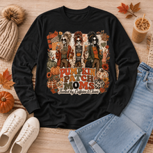 Load image into Gallery viewer, Pumpkin Patch Moms apparel with three skeleton moms, pumpkins and the phrase Fueled by Caffeine and Chaos, available in sizes S–3XL.