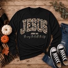 Load image into Gallery viewer, Julia Rose Jesus John 14:6 apparel featuring leopard-print JESUS lettering and the phrase The Way, The Truth, The Life.
