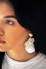Load image into Gallery viewer, Easter Bunny Pom Seed Bead Earrings in White