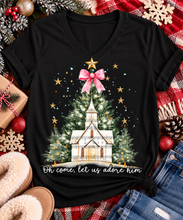Load image into Gallery viewer, Oh Come Let Us Adore Him Christian Christmas graphic apparel with church, Christmas trees, stars and pink bow