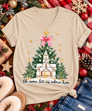 Load image into Gallery viewer, Oh Come Let Us Adore Him Christian Christmas graphic apparel with church, Christmas trees, stars and pink bow