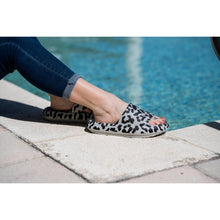 Load image into Gallery viewer, Gray leopard-print beach slides with a bold spotted pattern and easy slip-on design.