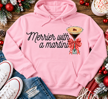Load image into Gallery viewer, Merrier with a Martini holiday graphic apparel mockup.