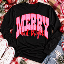 Load image into Gallery viewer, Merry and Bright Christmas graphic apparel with oversized pink polka dot lettering and festive holiday design