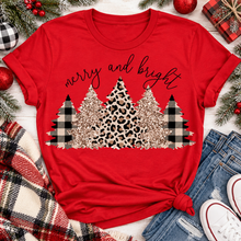 Load image into Gallery viewer, Merry and Bright Christmas graphic apparel featuring leopard print, buffalo plaid and glitter-inspired gold Christmas trees, available in three colors and four styles including crewneck tee, V-neck tee, sweatshirt and hoodie.