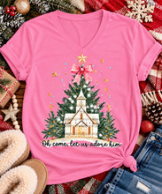 Load image into Gallery viewer, Oh Come Let Us Adore Him Christian Christmas graphic apparel with church, Christmas trees, stars and pink bow