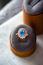 Load image into Gallery viewer, Navy Sapphire Blue Halo Rose Gold Ring