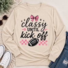 Load image into Gallery viewer, Classy Until Kick Off graphic long sleeve crewneck tee with pink bow and football design