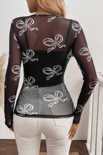Load image into Gallery viewer, Black Bow Print Long Sleeve Mesh Top