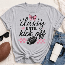 Load image into Gallery viewer, Classy Until Kick Off graphic crewneck tee with pink bow, football and pink checkerboard design