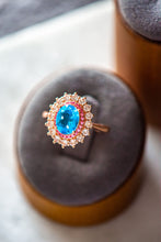 Load image into Gallery viewer, Navy Sapphire Blue Halo Rose Gold Ring