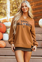 Load image into Gallery viewer, Chestnut Sequin Happy Halloween Graphic Notched Neck Long Sleeve Loose Top