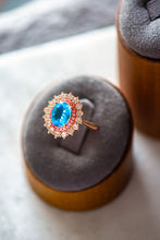 Load image into Gallery viewer, Navy Sapphire Blue Halo Rose Gold Ring